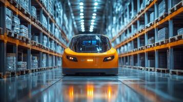 An automated vehicle moves seamlessly through a vast warehouse, expertly navigating aisles lined with pallets of cargo and stock, showcasing advanced logistics technology. photo