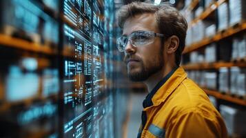 Warehouse professional in safety glasses observes inventory management data on a digital screen, ensuring efficient storage and tracking of freight within the logistics center. photo