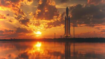 A massive rocket stands ready for lift off on the launch pad as the sun sets in a stunning display of colors, reflecting on the calm waters nearby. photo