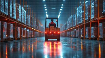 A forklift navigates through an organized warehouse, transporting pallets while illuminated by bright overhead lights. The atmosphere is focused on logistics and fulfillment. photo
