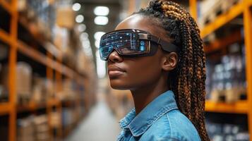 In a bustling logistics warehouse, an employee utilizes augmented reality glasses to enhance inventory management and streamline sorting processes while ensuring efficient operations. photo