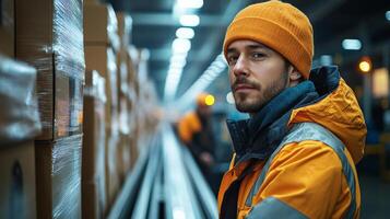 In a bustling warehouse, dedicated workers sort and manage inventory while preparing orders for shipment in a well lit distribution hub during the evening. photo