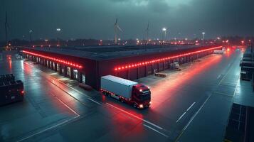 A vibrant logistics hub is alive at night with trucks arriving and departing. Illumination highlights the storage facilities as inventory is sorted and prepared for delivery. photo
