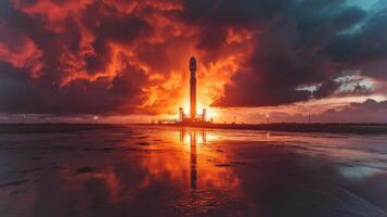 A rocket stands on the launch pad with a vibrant sunset backdrop, reflecting on a wet surface, ready for a space mission involving advanced aerospace technology. photo