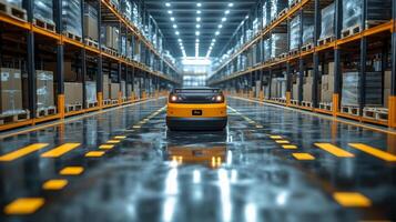 A robotic vehicle is moving through a well arranged warehouse featuring rows of shelves stocked with boxes. Bright lights illuminate the space, enhancing clarity of the inventory setup. photo