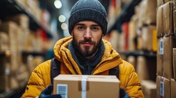 A warehouse worker is focused on a package in a distribution center surrounded by shelves stacked with inventory. The environment showcases efficient storage practices. photo