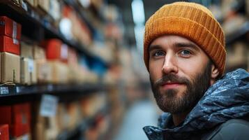 A man wearing a warm beanie and a coat stands in a bustling warehouse filled with neatly stacked boxes on shelves. He observes the inventory with a thoughtful expression. photo
