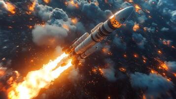 The rocket ascends into the sky, producing a fierce blaze as it launches from the ground. Smoke and fire envelop the boosters, creating an intense atmosphere during takeoff. photo