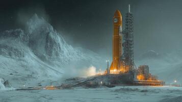 A rocket stands tall on the launch pad in a frozen lunar environment, illuminated by bright lights as it prepares for lift off into orbit with its payload. photo