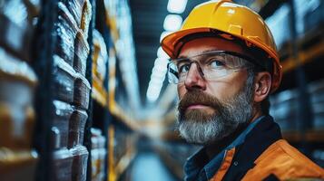A warehouse worker wearing a hard hat and safety glasses inspects inventory in a logistics hub, managing sorting and storage processes efficiently during peak hours. photo