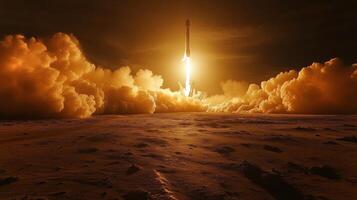 Explosive power drives the rocket skyward, surrounded by plumes of smoke and fire beneath a dimly lit sky, highlighting the majesty of spaceflight and engineering innovation. photo