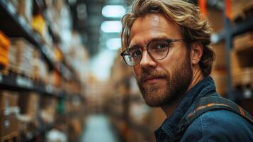 A logistics expert stands confidently amidst towering shelves filled with storage boxes, actively managing inventory while coordinating fulfillment tasks in a busy warehouse photo