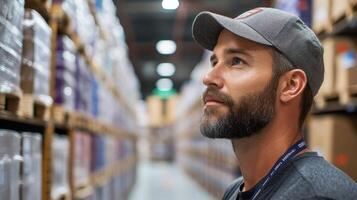 A warehouse employee thoughtfully assesses inventory while surrounded by neatly arranged storage shelves in a busy logistics center, optimizing distribution efforts. photo