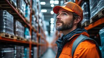 A warehouse worker assesses the inventory in a vast logistics hub, ensuring proper organization and sorting of stored goods for efficient distribution and fulfillment processes. photo