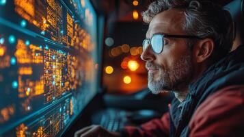 A worker focuses intently on a detailed screen displaying logistics data and inventory metrics inside a distribution hub, highlighting nighttime activity and operations. photo