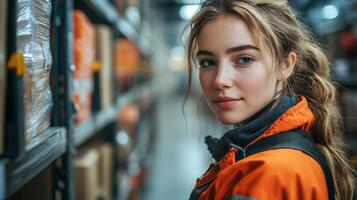 A logistics warehouse filled with neatly organized boxes showcases a dedicated worker in an orange jacket. She is actively engaged in managing inventory and sorting items. photo