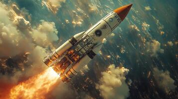 The rocket ignites its boosters as it ascends through a thick atmosphere, leaving behind a trail of flames and smoke, showcasing the power of space exploration and propulsion. photo