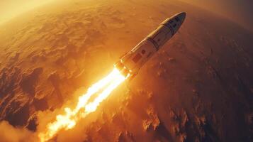 The rocket ignites its engines for retropropulsion while descending toward a foreign landscape, demonstrating advanced propulsion technology for safe reentry and landing. photo