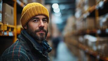 This warehouse worker is focused on organizing inventory in a busy distribution hub, ensuring efficient sorting and fulfillment processes are maintained during operational hours. photo