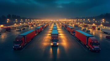 Large logistics hub features rows of red trucks parked in synchronization under bright lights at night, ready for distribution and shipping activities across the region. photo