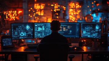 Warehouse logistics manager utilizes multiple screens to monitor and analyze inventory levels, improving distribution efficiency during late hours in a busy setting. photo