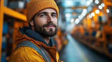 A logistics worker in an orange jacket and knitted hat stands confidently in a busy warehouse, monitoring inventory and distribution processes in a well lit environment. photo