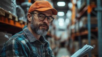 A man in glasses and a cap reviews documents in a well organized warehouse filled with shelves of inventory. The atmosphere highlights efficient logistics and distribution operations. photo