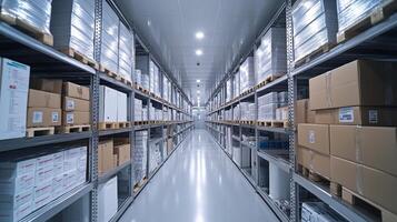 Rows of stacked boxes and pallets fill a clean, spacious warehouse designed for efficient storage and management of inventory and freight. Bright lighting enhances visibility. photo