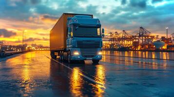 A logistics truck is stationed on wet pavement at twilight, with a backdrop of shipping containers and cranes illuminated by a stunning sunset in a vibrant transport hub. photo
