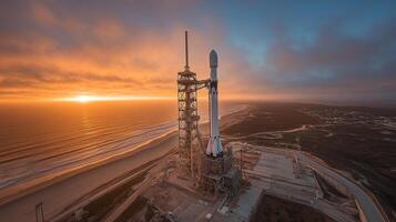 A rocket stands ready for launch on the launchpad as the sun rises over a serene coastal landscape, highlighting the advancements in space exploration and propulsion. photo