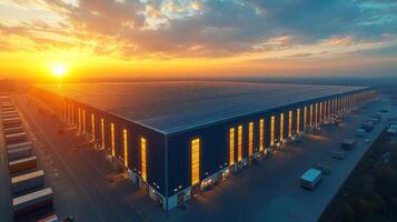 Large logistics warehouse illuminated by sunset, featuring sorting areas and storage capacity. Trucks parked nearby indicate ongoing distribution activities during evening hours. photo