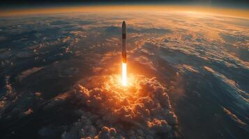Rocket engines fire as the spacecraft ascends from Earth, creating a spectacular display of light and smoke. This powerful launch showcases advanced aerospace technology in action. photo