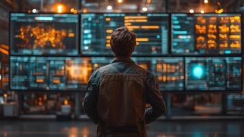 A logistics expert observes multiple data displays in a well lit warehouse, focusing on inventory levels and distribution metrics to optimize operations during nighttime hours. photo