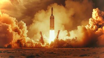 A rocket embarks on its journey into space, surrounded by a thick cloud of smoke and fire. The moment captures the thrust and power essential for liftoff amidst a breathtaking evening sky. photo