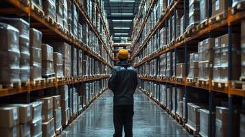 A worker stands between rows of neatly organized shelves filled with boxes, checking inventory within a bustling logistics distribution hub. photo