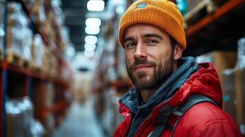 A warehouse worker stands confidently in a logistics hub surrounded by shelves of inventory ready for sorting and fulfillment. The atmosphere is busy and organized. photo