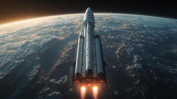 A powerful rocket ascends into the sky, propelled by strong engines, as it leaves Earth's atmosphere behind, highlighting space exploration and advanced aerospace technology. photo