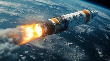 A powerful rocket ignites its engines, expelling flames as it ascends into orbit, highlighting the marvels of aerospace engineering against the backdrop of Earth. photo