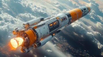 A rocket is ascending with its engines ignited, releasing flames and smoke as it embarks on a space mission. It is soaring through clouds, illustrating the power of modern propulsion technology. photo