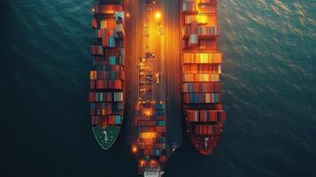 At twilight, two large cargo ships are docked at a shipping port surrounded by containers ready for transport. Cranes are actively engaged in loading and unloading goods. photo