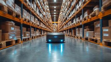 A robotic device navigates through a spacious warehouse filled with shelves stacked with boxes, enhancing sorting and fulfillment processes during busy working hours. photo