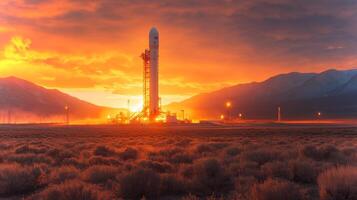 Rocket stands ready for launch against a vibrant sunset sky, igniting its engines as it prepares to embark on a spaceflight mission from a remote launch site surrounded by mountains. photo