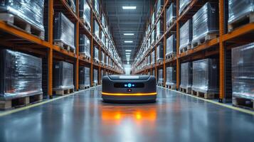 A robot moves along the polished floor of a spacious warehouse lined with tall shelves stacked with pallets, optimizing distribution and storage processes during operations. photo