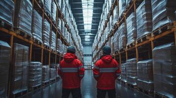 Two workers in safety gear stand facing rows of pallets in a spacious warehouse, monitoring the organized inventory and logistics processes during daylight hours. photo