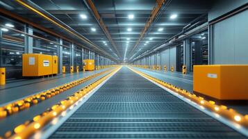 Brightly lit logistics hub features a long, organized conveyor system with orange sorting boxes, emphasizing efficiency in inventory management and distribution processes. photo