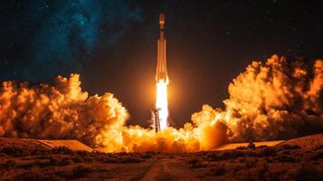 A rocket propels upward from the launchpad during nighttime, emitting a powerful glow as flames and smoke billow into the dark sky, marking the moment of lift off toward space. photo