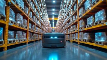 A robotic unit moves carefully along the aisle of a spacious warehouse, surrounded by neatly stacked pallets containing various goods ready for distribution. photo