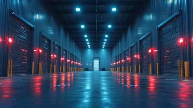 Large, open warehouse designed for logistics activities featuring multiple loading bays, vibrant lighting, and spaces for cargo handling and inventory storage. photo