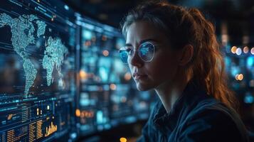 A logistics professional focuses intently on multiple digital screens displaying inventory data, maps, and analytics in a high tech distribution center during evening hours. photo