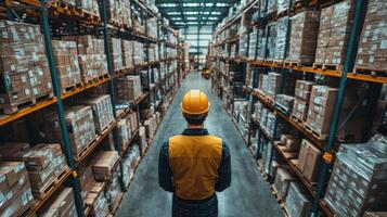 A warehouse worker wearing a yellow hard hat and safety, vest stands in a spacious distribution center looking at neatly arranged boxes and pallets in a well lit environment. photo